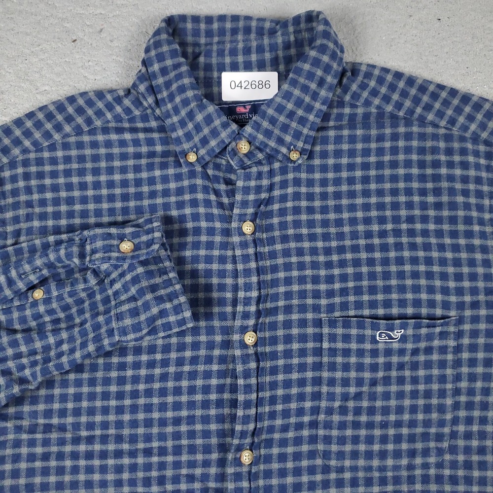 Vineyard Vines Shirt Mens Large Blue Gray Flannel Whale Button Up Long Sleeve